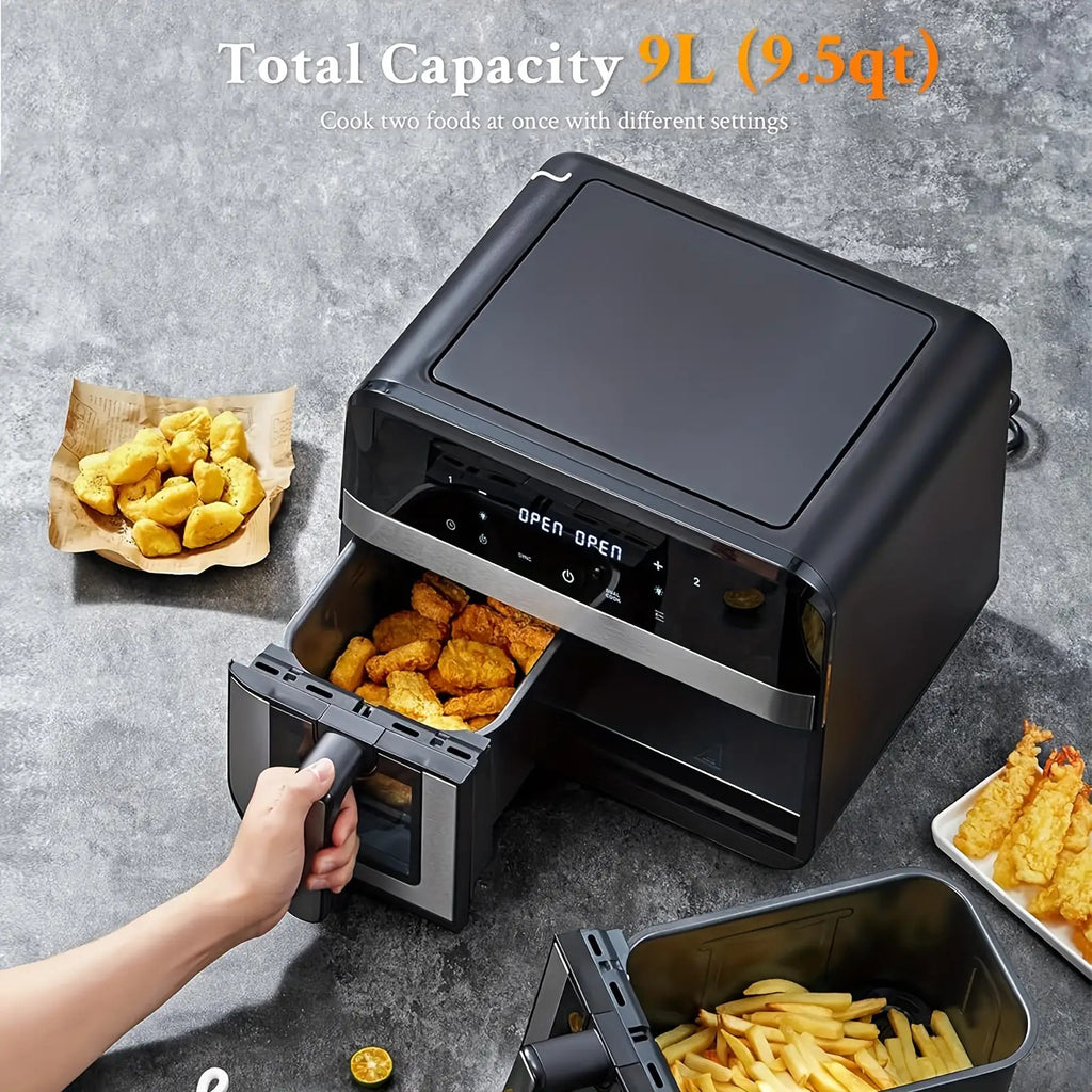 9L Doppel-Luftfritteuse mit Sichtfenster, 8 Kochvorsätze, Touchscreen, LED-Display, Digitale Zonenluftfritteuse mit Kochbuch, Timer & Temperaturkontrolle, Antihaftbeschichtet