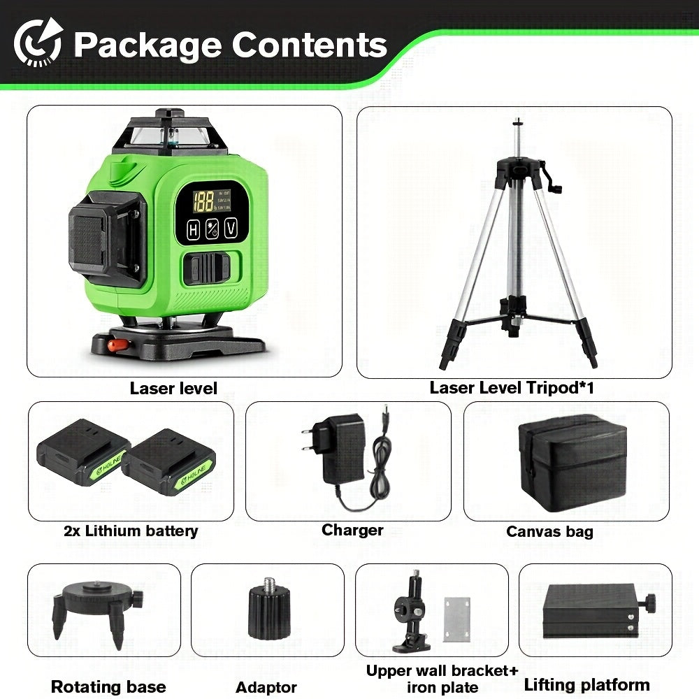 1 Set of 16 Lines Laser Level 360 Automatic Leveling, 4X360° Green Cross Line Laser Level Tool for Construction And Picture Hanging, 4D Laser Level with 2 Rechargeable Batteries