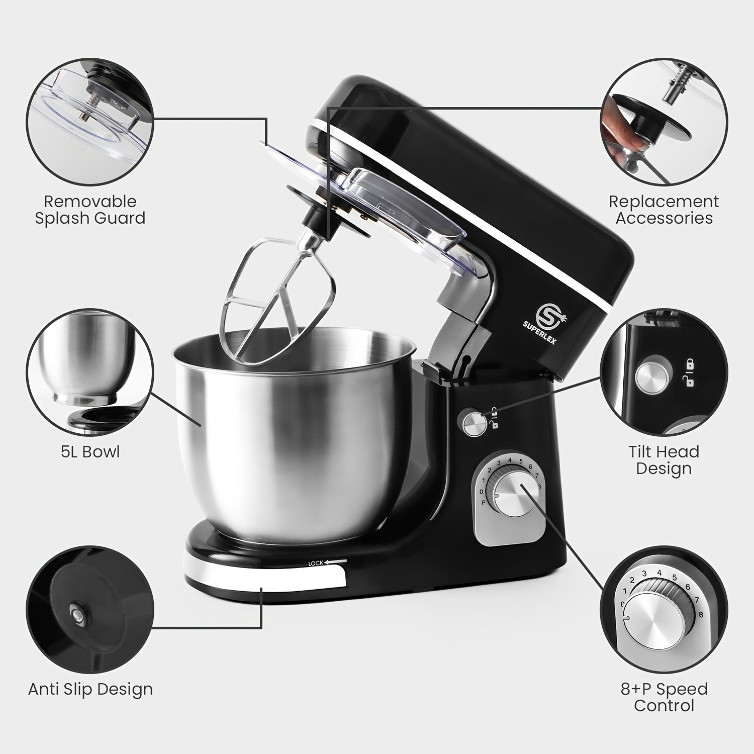 SUPERLEX 3-in-1 Standmixer 5L mit 8 Geschwindigkeiten, Küchenmaschine mit Pulsfunktion, Teighaken, Schneebesen und Rührbesen für Kuchen und Brot, 1300W [Energieklasse A+++