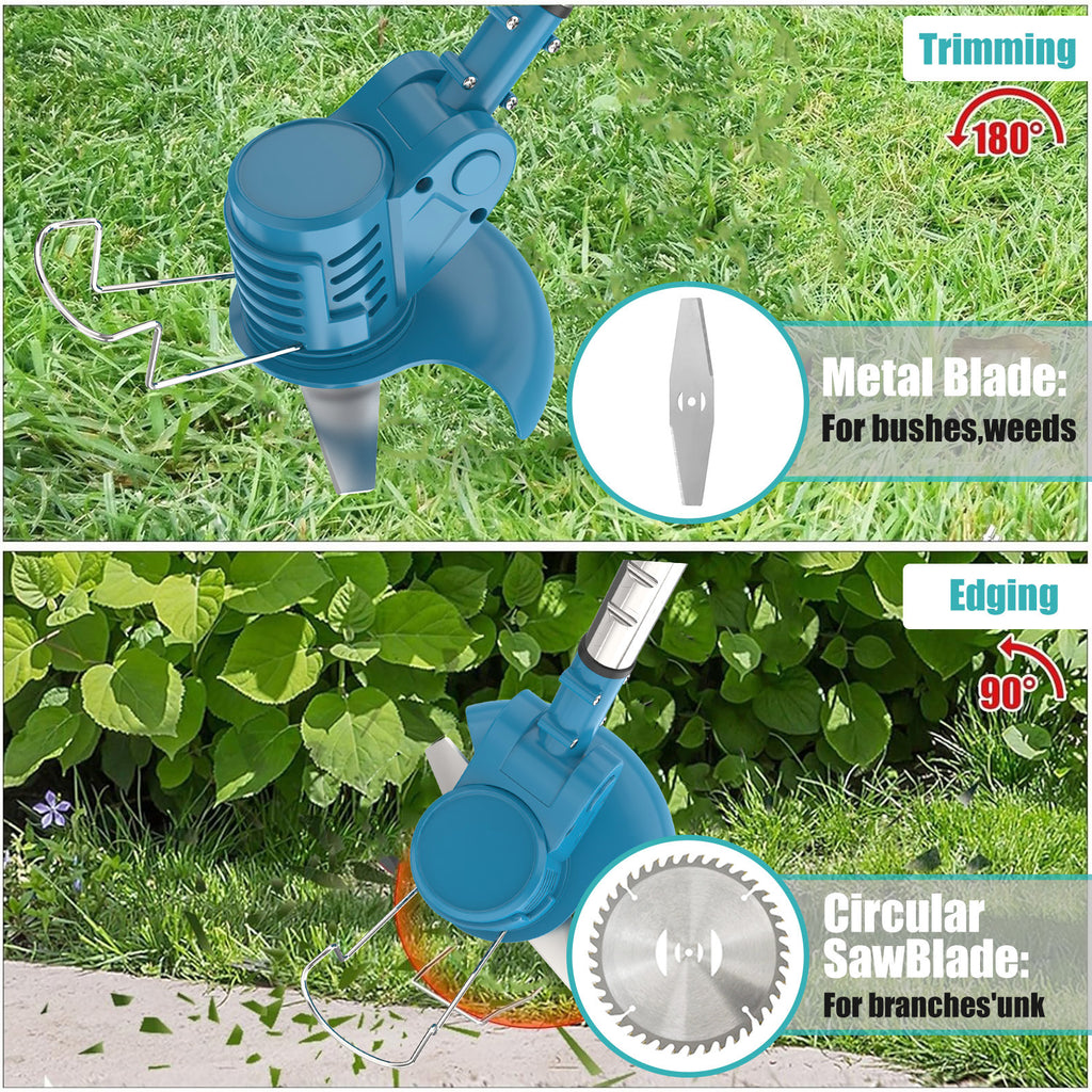 Kabelloser Strimmer mit 2 Akkus, Rasenmäher für den Garten, elektrischer Rasenmäher mit Metallklingen, 90° Kopfrotation, Bürstenrasenmäher zum Reinigen von Unkraut und Rasen