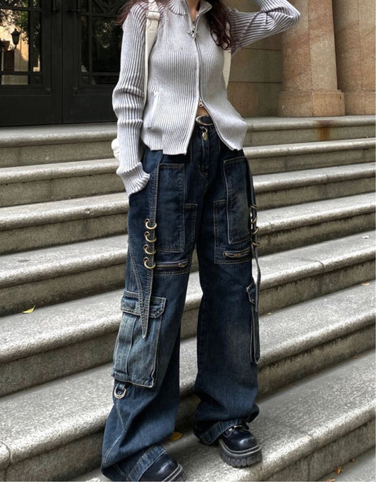 American retro pioneer deconstruction of heavy industry jeans, children's spring and autumn design sense, Abiatic style loose wide-leg pants