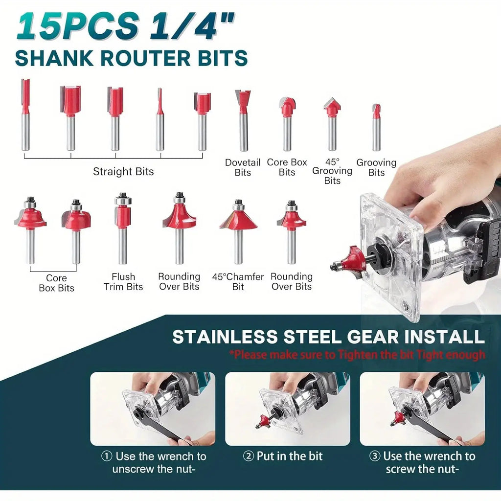 Batterie-Kanten-Schneider mit 2 Stück 4,0 Ah Batterien, Batterie-Routenplaner Brushless Tragbarer Hand-Schneider für Holzbearbeitung, Batterie-Holz-Trimmer mit 15 Stück 1/4 Zoll Cutter-Set