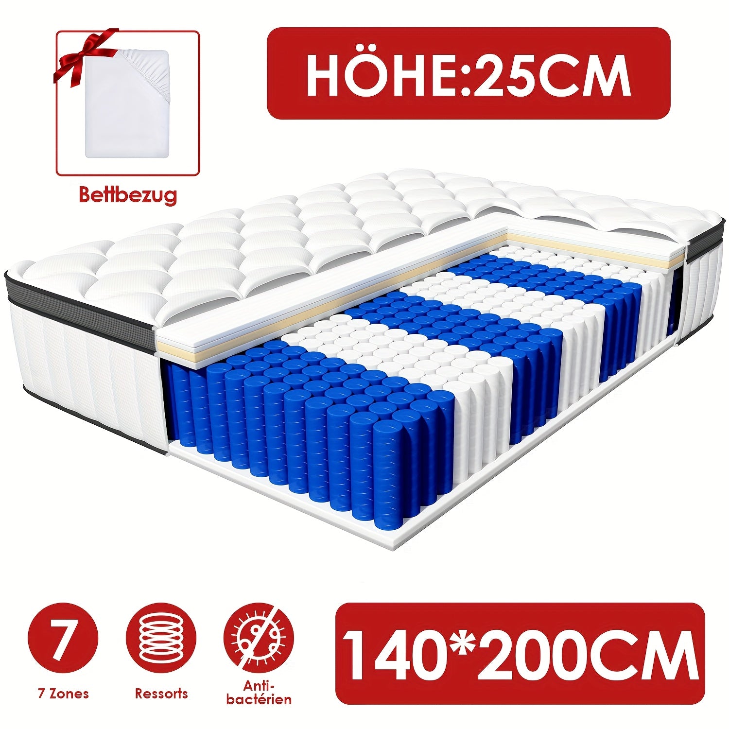 Gronfont Mattress 90x200/140x200cm, Height 25cm/22cm, Orthopaedic 7-zone, Premium Pocket Spring Mattress, Spring Mattress with Fitted Sheet, Firmness Level H3, Mattress for Adults