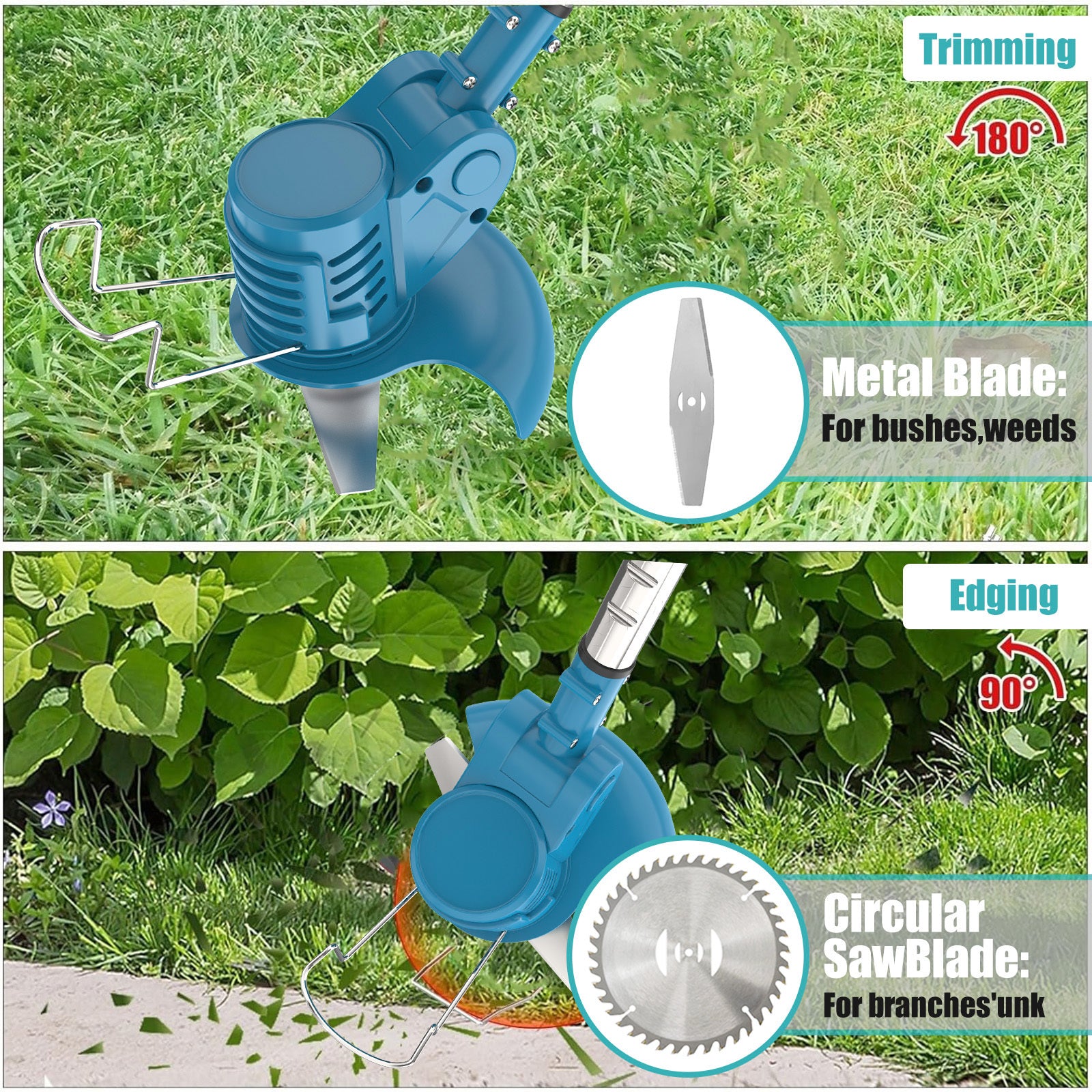 Kabelloser Strimmer mit 2 Akkus, Rasenmäher für den Garten, elektrischer Rasenmäher mit Metallklingen, 90° Kopfrotation, Bürstenrasenmäher zum Reinigen von Unkraut und Rasen