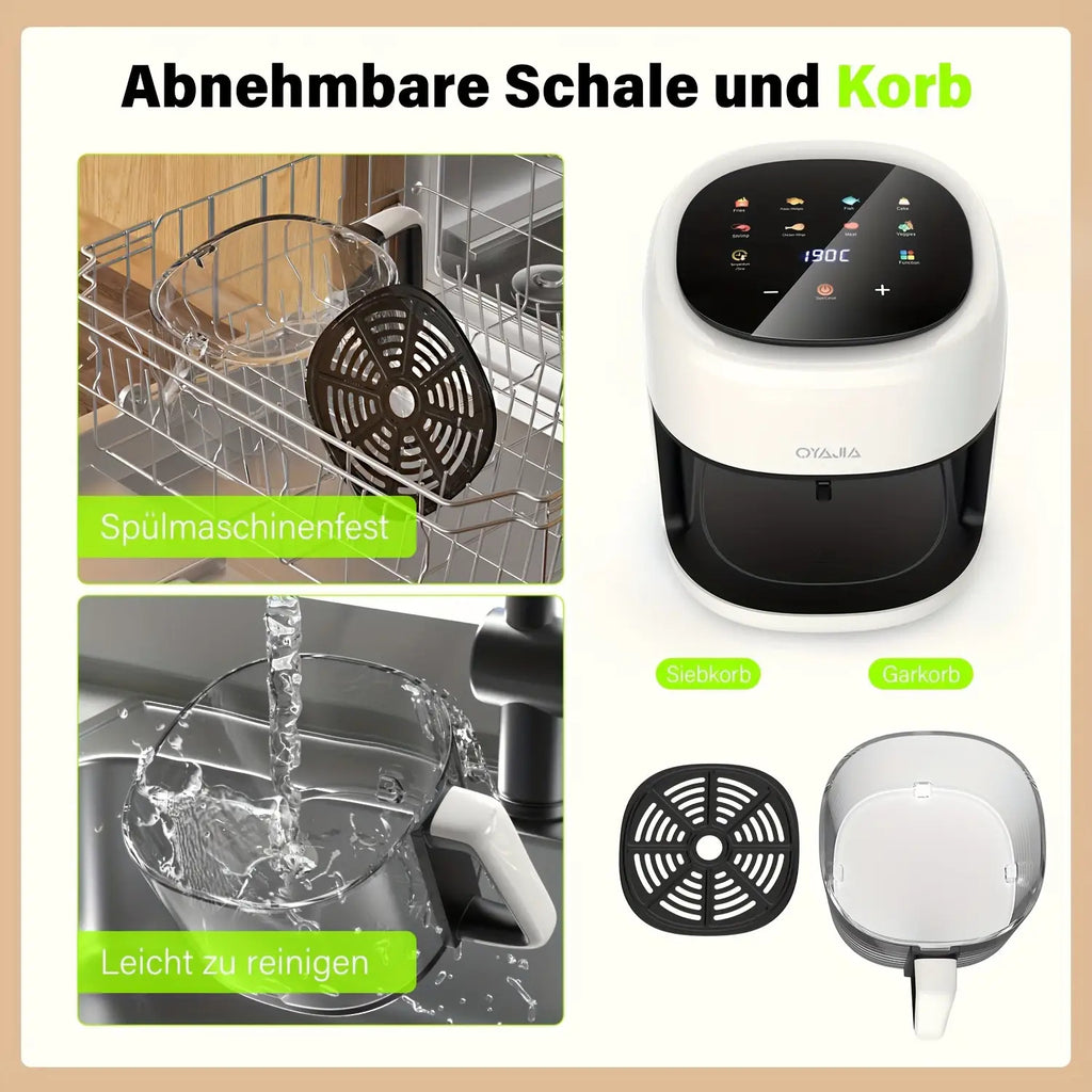5L Großvolumige Heißluftfritteuse, Glas-Korb-Design, 1800W, 8 Touch-Voreinstellungen, Leicht zu Reinigen, Gesundes und Ölfreies Braten, Geeignet für Familientreffen & Küchengebrauch