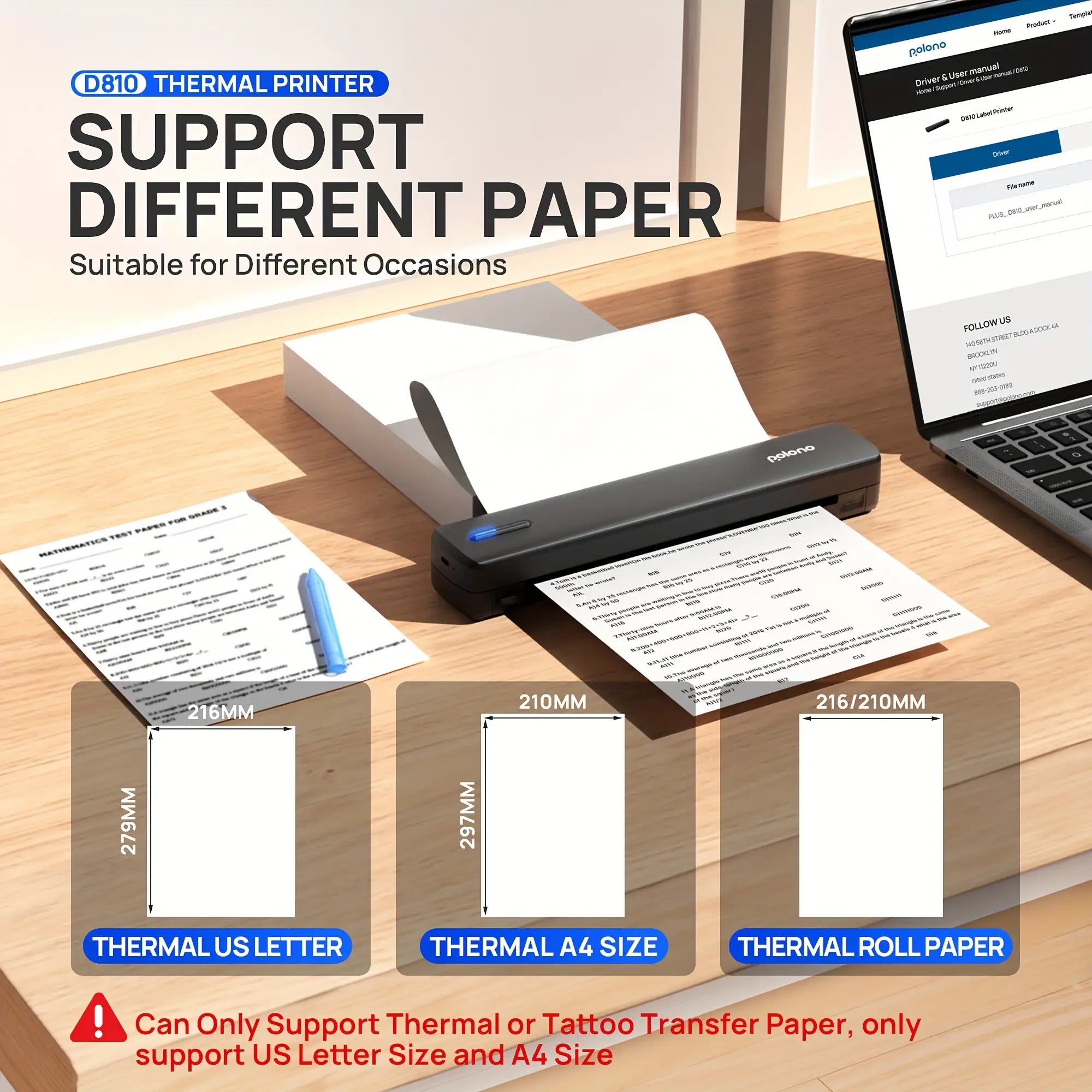 Tragbarer Tintenloser Drucker, Reise-Drahtloser Drucker, Thermischer Tattoo-Druckmaschine, Unterstützt A4 und US-Letter-Thermopapier, Kompatibel mit Smartphones und Laptops, Ideal für Business, Reisen, Büro & Zuhause