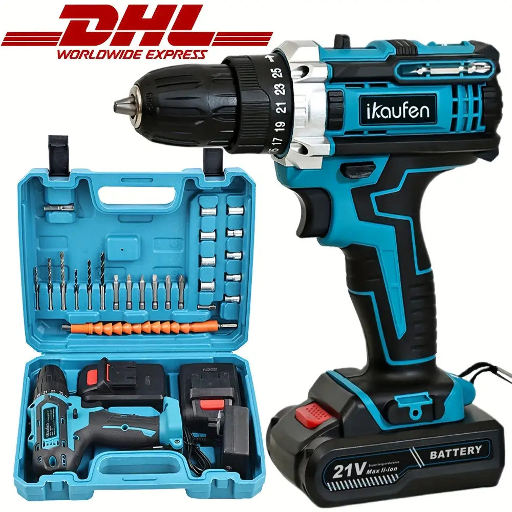 3-in-1 Schwarzer Impact-Bohrer mit 36V wiederaufladbarem Akku, Kapazität 2,0Ah und 2,0Ah/1,0Ah Kombipack - ergonomische Handhabung, LED-Licht, 12+ Zubehör für Heimwerker, Bau, DIY-Projekte, Baugeräte, schlanker Werkzeugdesign, langlebige Konstruktion