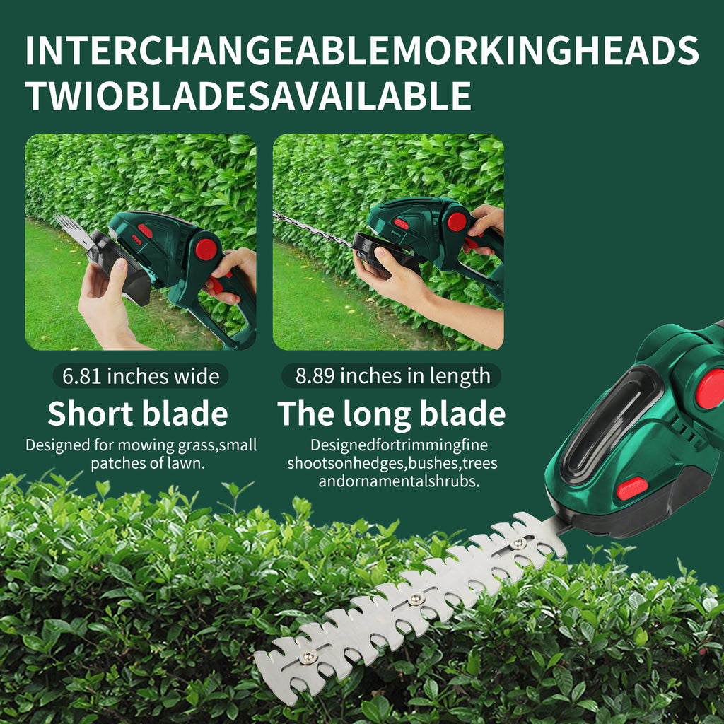 1 Set 24V Elektrischer Heckenmesser mit Akku, Haushalts 2-in-1 Gras- und Strauchschneider, 90° verstellbar, kabelloser wiederaufladbarer Strauchschneider, Unkraut- und Gartenschnitt für Rasen und Garten