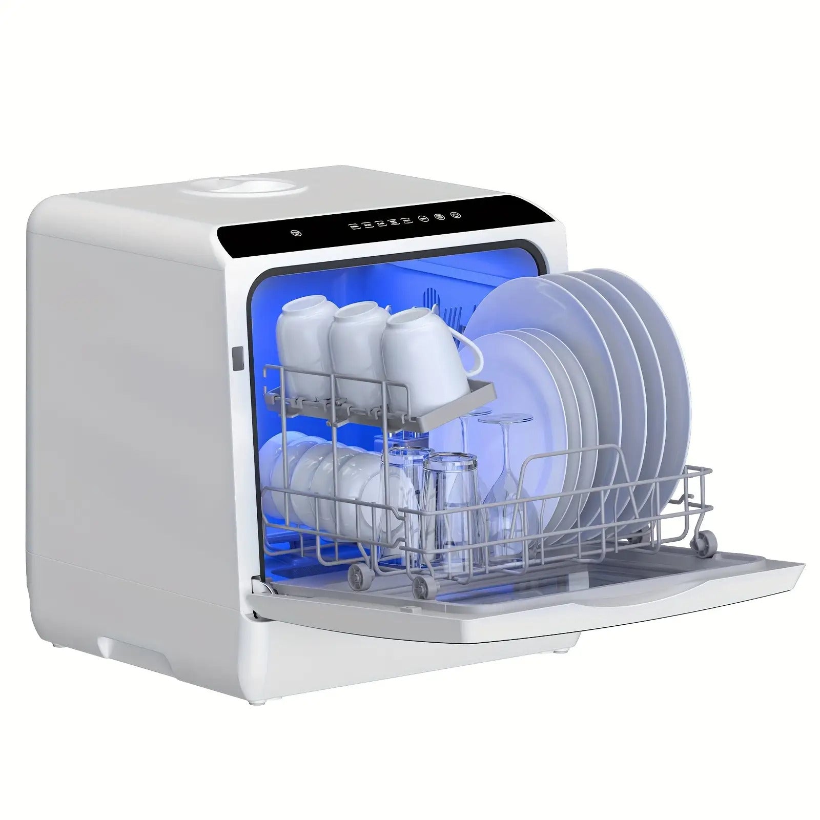 Unabhängiger Geschirrspüler für die Arbeitsplatte, 5+1 Waschprogramme, integrierter 5-Liter-Wasserbehälter, zwei Wasserzufuhrmodi, mit Heißlufttrocknung und automatischer Belüftungsfunktion, geeignet für Wohnungen, Wohnmobile und Wohnungen.