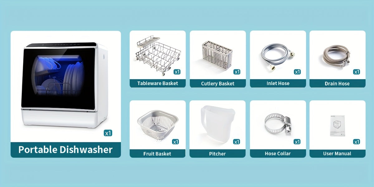 Unabhängiger Geschirrspüler für die Arbeitsplatte, 5+1 Waschprogramme, integrierter 5-Liter-Wasserbehälter, zwei Wasserzufuhrmodi, mit Heißlufttrocknung und automatischer Belüftungsfunktion, geeignet für Wohnungen, Wohnmobile und Wohnungen.