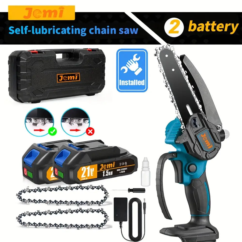 Jemi Tool 6-Zoll-Mini-Kettensäge mit automatischer Schmiersystem, 1/2 * 1.5Ah Akku, mit 1/2 Kette für Holzbearbeitung, Zweigschneiden, Gartenpflege