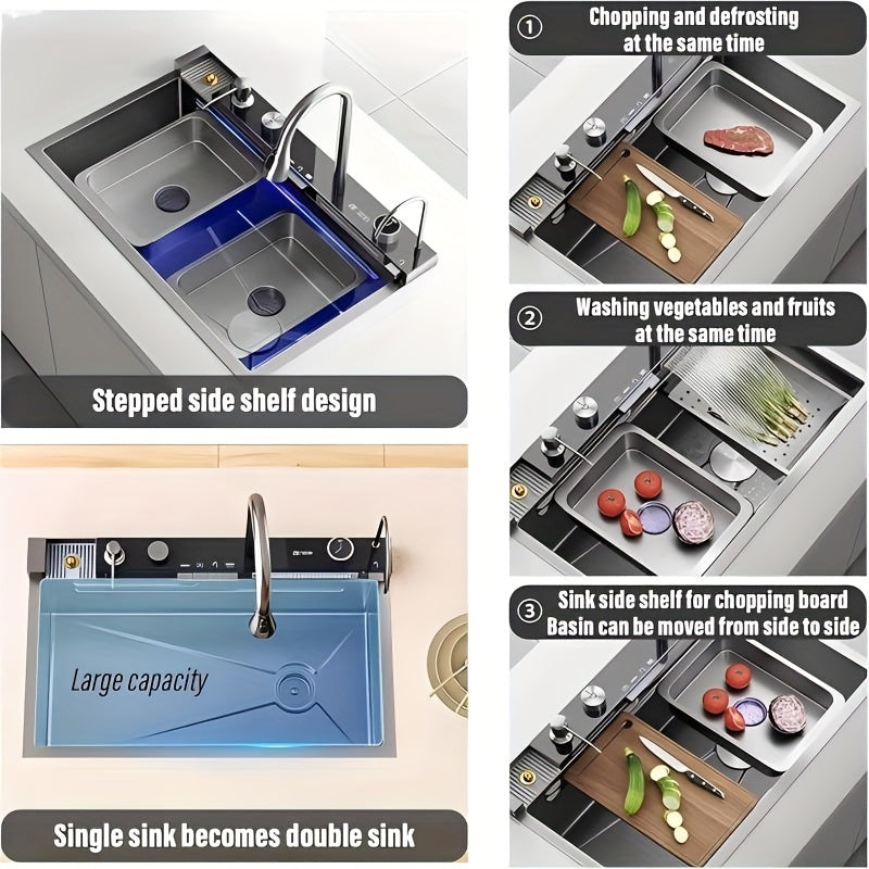 Digitale Wasserfall-Spüle Einzelbecken Küchenspüle Größe 75x45cm Schwarz Edelstahl Küchenspüle Multifunktionaler Digitaldisplay Abziehbarer Sprüherarmatur Intelligente Moderne Küchenspüle mit Komplettem Zubehör Rechts Abfluss Langlebig für Küche und Resta