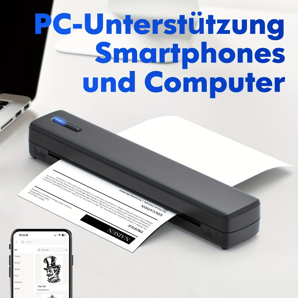 Tragbarer Tintenloser Drucker, Reise-Drahtloser Drucker, Thermischer Tattoo-Druckmaschine, Unterstützt A4 und US-Letter-Thermopapier, Kompatibel mit Smartphones und Laptops, Ideal für Business, Reisen, Büro & Zuhause