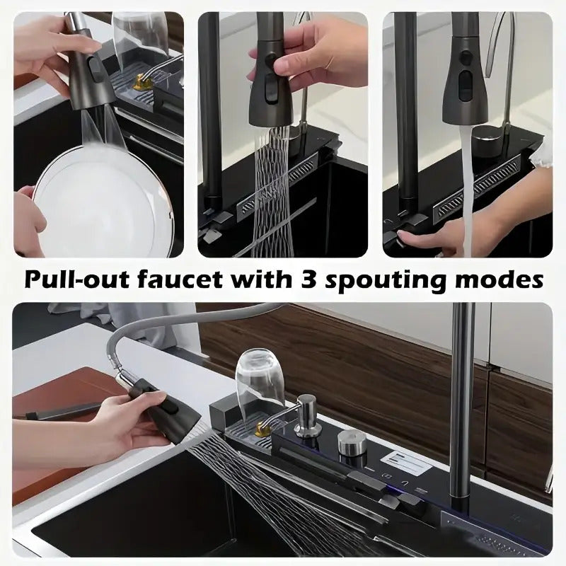Digitale Wasserfall-Spüle Einzelbecken Küchenspüle Größe 75x45cm Schwarz Edelstahl Küchenspüle Multifunktionaler Digitaldisplay Abziehbarer Sprüherarmatur Intelligente Moderne Küchenspüle mit Komplettem Zubehör Rechts Abfluss Langlebig für Küche und Resta