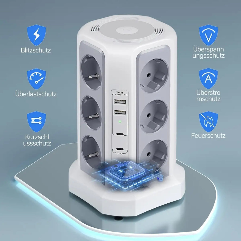 12-Fach Steckdosenleiste (4000W/16A) mit USB-C PD 20W, Turmsteckdose, Spannungsschutz, 4 USB-Anschlüssen und 2m Verlängerungskabel – Mehrfachsteckdose für Zuhause & Gewerbe