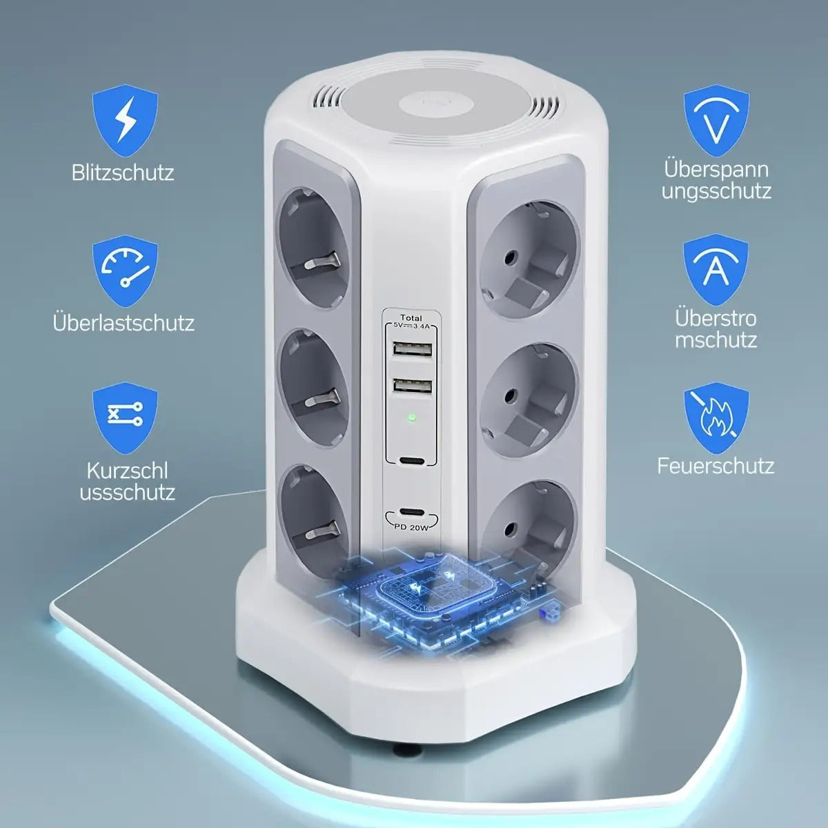 12-Fach Steckdosenleiste (4000W/16A) mit USB-C PD 20W, Turmsteckdose, Spannungsschutz, 4 USB-Anschlüssen und 2m Verlängerungskabel – Mehrfachsteckdose für Zuhause & Gewerbe