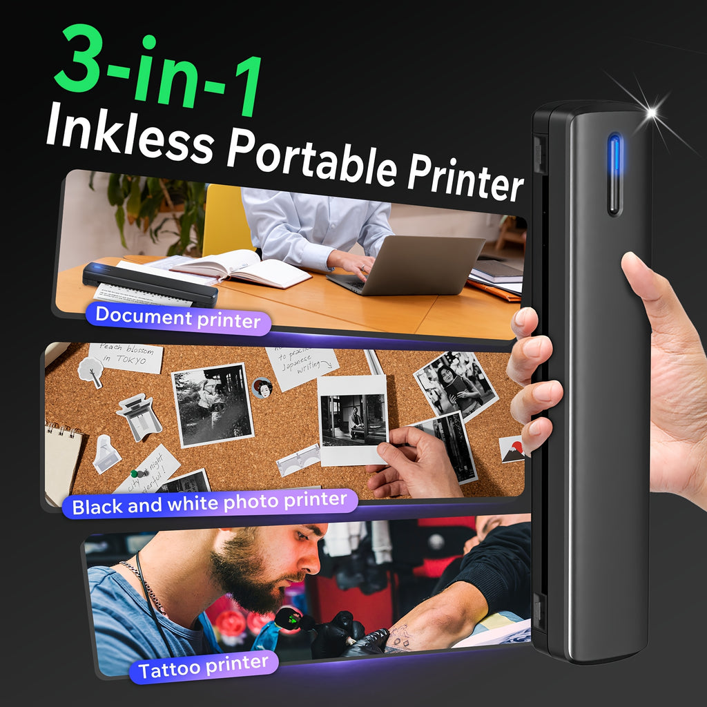 Tragbarer Tintenloser Drucker, Reise-Drahtloser Drucker, Thermischer Tattoo-Druckmaschine, Unterstützt A4 und US-Letter-Thermopapier, Kompatibel mit Smartphones und Laptops, Ideal für Business, Reisen, Büro & Zuhause