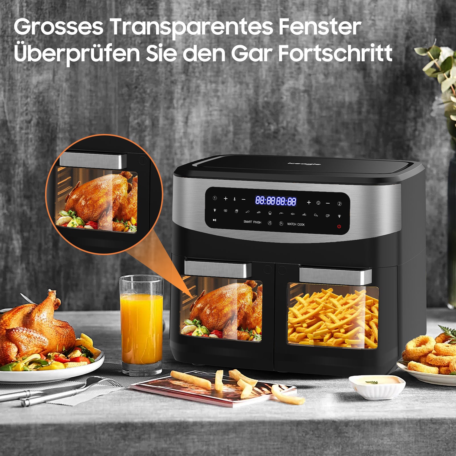Heißluftfritteuse Doppelkammer Airfryer 12L - Heissluftfriteuse XXL Friteuse mit Sichtfenster, LED Touchscreen, 2 Fächer, 10 Programmen, Sync Finish & Dual Cook, Dörrer Funktion, 2600W