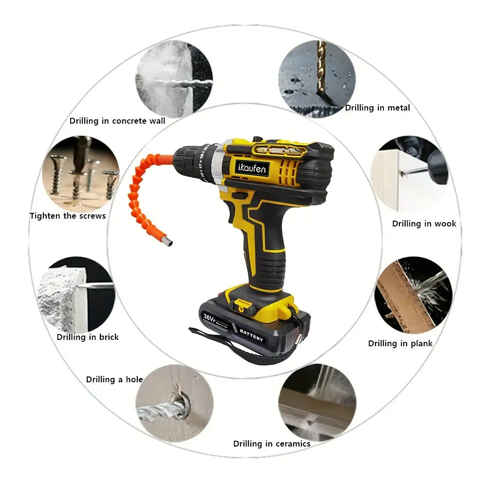 3-in-1 Schwarzer Impact-Bohrer mit 36V wiederaufladbarem Akku, Kapazität 2,0Ah und 2,0Ah/1,0Ah Kombipack - ergonomische Handhabung, LED-Licht, 12+ Zubehör für Heimwerker, Bau, DIY-Projekte, Baugeräte, schlanker Werkzeugdesign, langlebige Konstruktion
