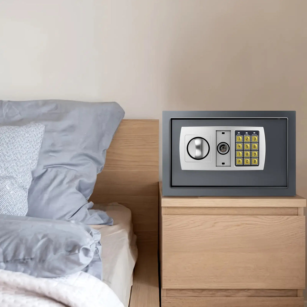 Sichere Heimsafes, Safe mit Digital-Tastatur, 8,5 L Elektronischer Sicherheitsschrank mit Schlüssel, Vollstahl-In-Wand-Heim- und Bürosafe, Grau