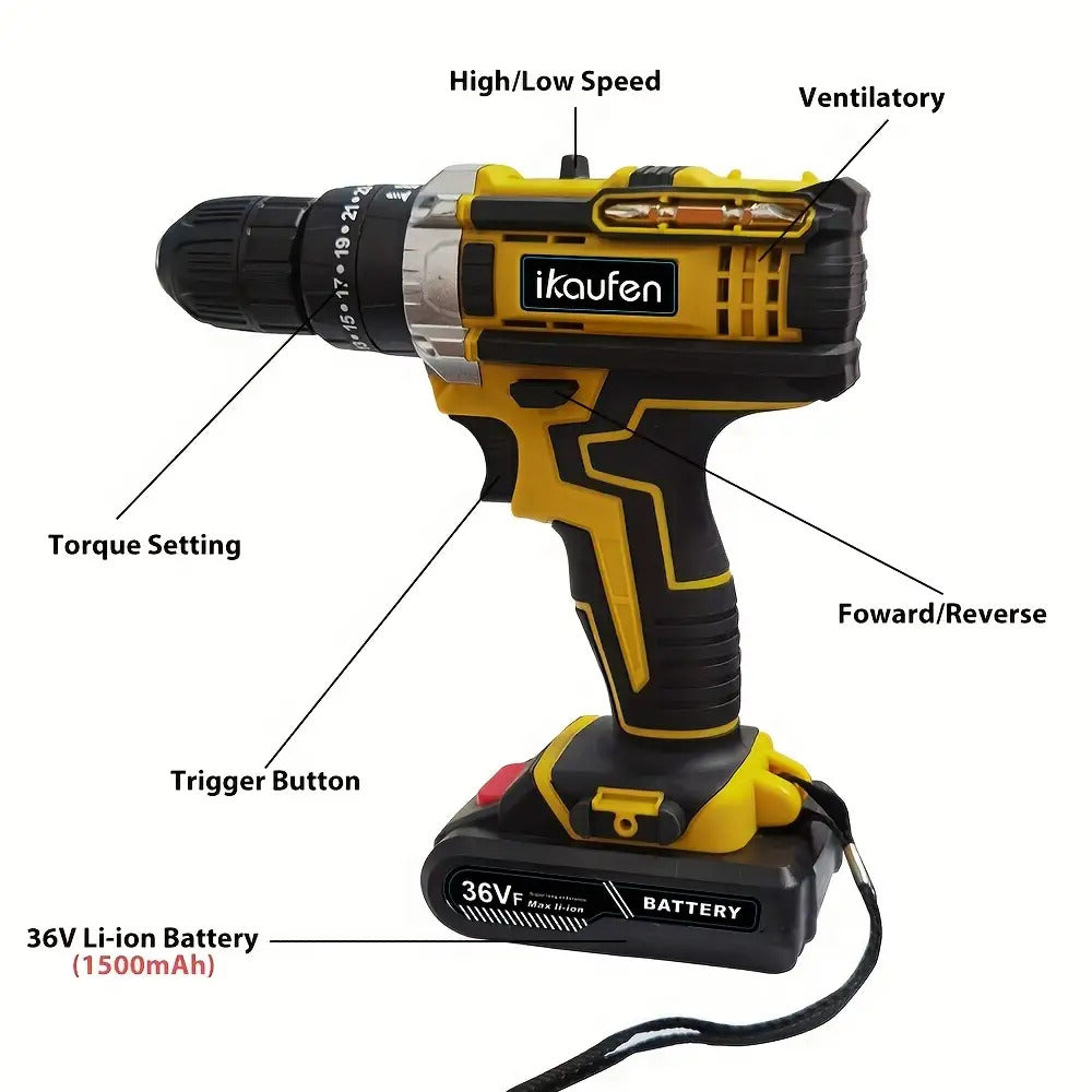 3-in-1 Schwarzer Impact-Bohrer mit 36V wiederaufladbarem Akku, Kapazität 2,0Ah und 2,0Ah/1,0Ah Kombipack - ergonomische Handhabung, LED-Licht, 12+ Zubehör für Heimwerker, Bau, DIY-Projekte, Baugeräte, schlanker Werkzeugdesign, langlebige Konstruktion