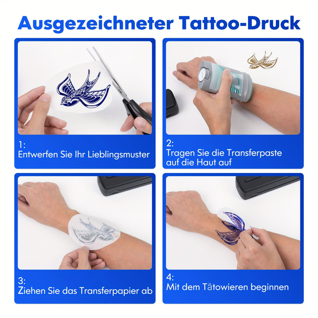 Tragbarer Tintenloser Drucker, Reise-Drahtloser Drucker, Thermischer Tattoo-Druckmaschine, Unterstützt A4 und US-Letter-Thermopapier, Kompatibel mit Smartphones und Laptops, Ideal für Business, Reisen, Büro & Zuhause