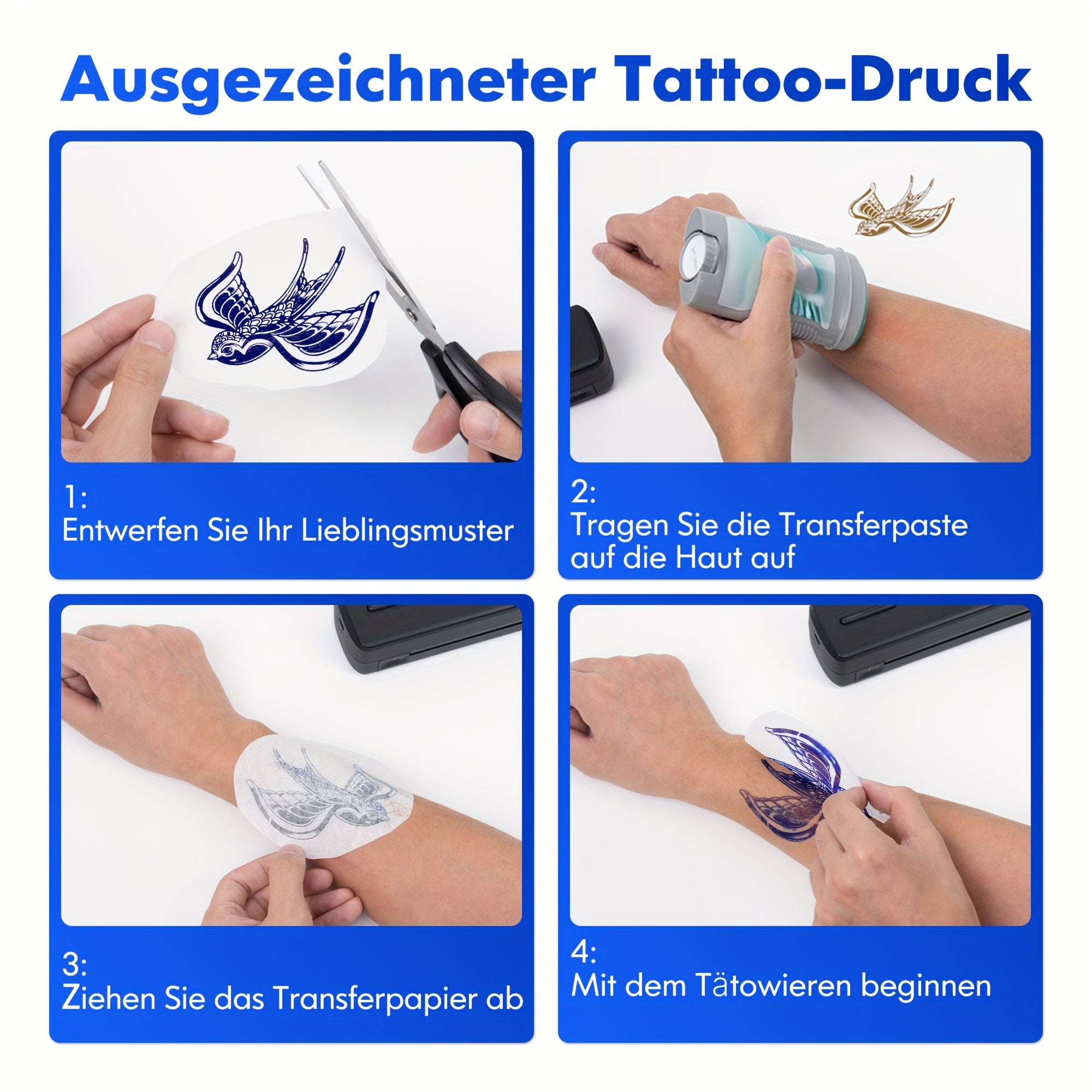 Tragbarer Tintenloser Drucker, Reise-Drahtloser Drucker, Thermischer Tattoo-Druckmaschine, Unterstützt A4 und US-Letter-Thermopapier, Kompatibel mit Smartphones und Laptops, Ideal für Business, Reisen, Büro & Zuhause