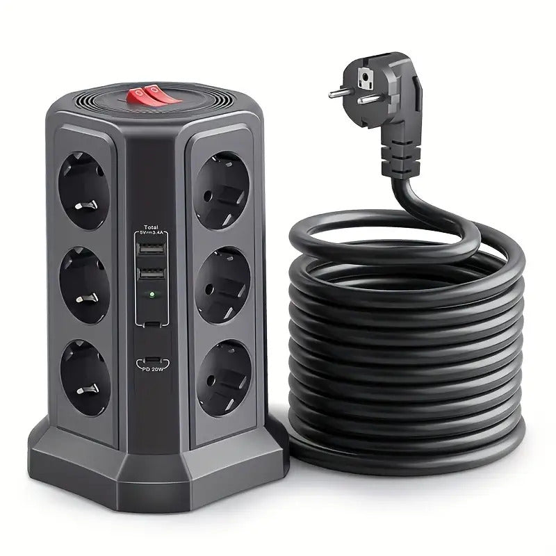 12-Fach Steckdosenleiste (4000W/16A) mit USB-C PD 20W, Turmsteckdose, Spannungsschutz, 4 USB-Anschlüssen und 2m Verlängerungskabel – Mehrfachsteckdose für Zuhause & Gewerbe