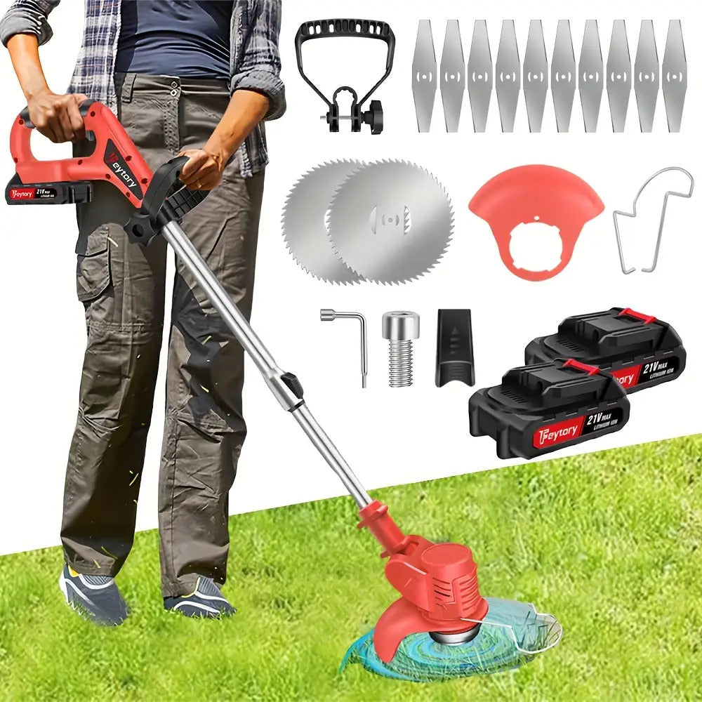 21V Akku-Elektro-Trimmer mit Akku und Messern, Teleskopfaltbare 90° Drehkopf, Batteriebetrieben, für Garten, Rasen und Ackerland