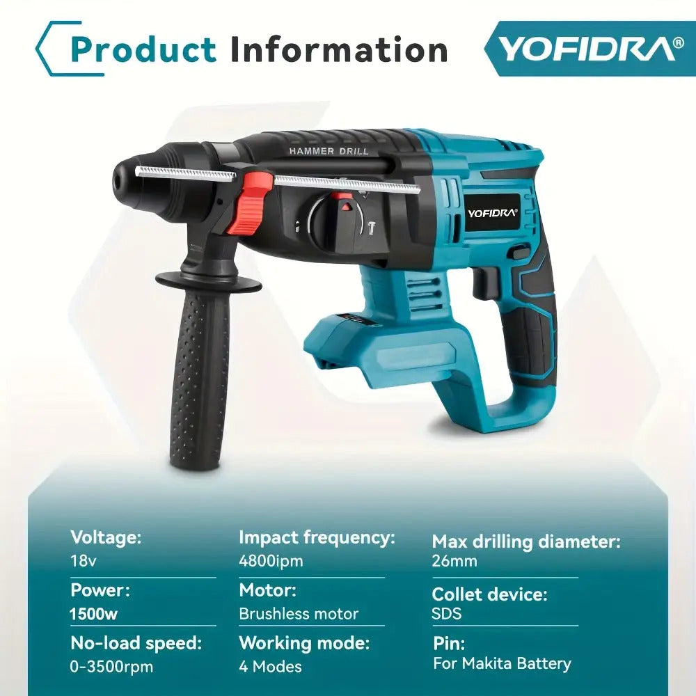 Brushless Elektro-Hammerbohrer, 26mm mit Bohrer, 4-Gang Akku-Schlagbohrmaschine für Beton, Stahl und Holz, kompatibel mit YOFIDRA-Akku