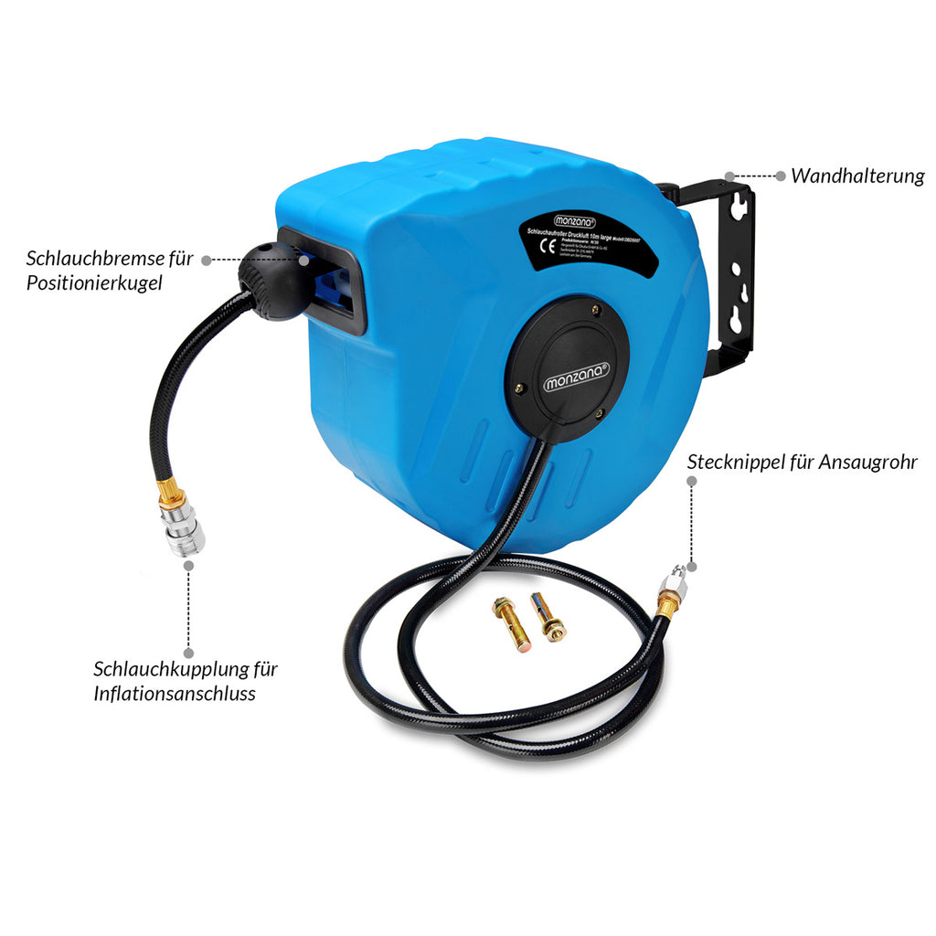 MONZANA® Compressed Air Hose Reel 10M+1M Automatic Rewind 3/8 Inch Connection 12 Bar Ö12Mm Automatic Hose Reel Compressed Air Hose Wall Bracket
