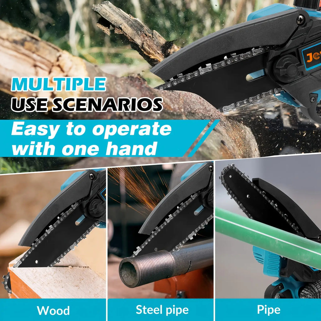 Jemi Tool 6-Zoll-Mini-Kettensäge mit automatischer Schmiersystem, 1/2 * 1.5Ah Akku, mit 1/2 Kette für Holzbearbeitung, Zweigschneiden, Gartenpflege