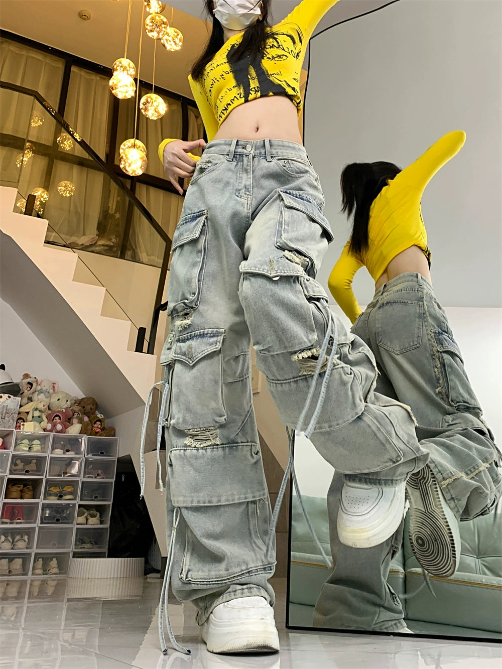 American retro heavy industry multi-pocket jeans women's high street vibe wind loose straight wide leg ripped overalls tide