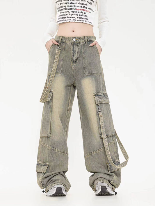 American retro jeans old washed multi-pocket design tooling wide-leg jeans