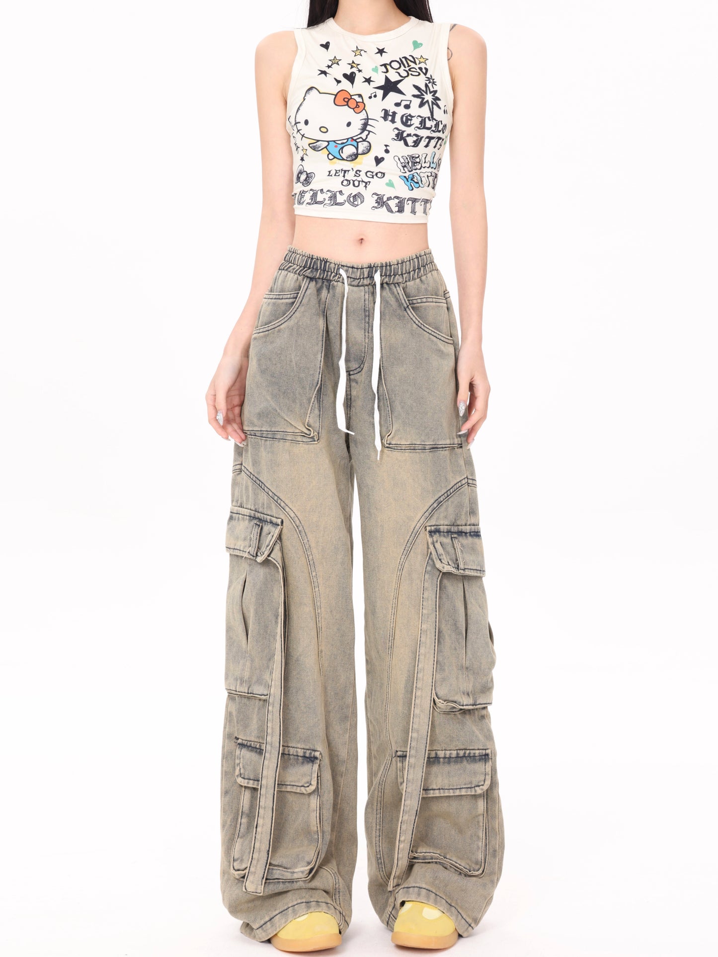 American Street Hip Hop Babes Do Old Denim Overalls Design Sense Heavy Industry Multi-Pocket Wide Leg Pants