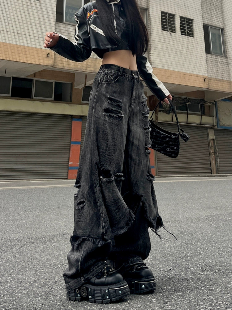 American high street fake two-piece hip-hop jazz old jeans women's wide-leg street hip-hop rough edge tooling