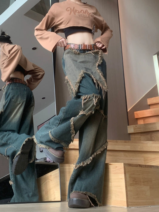 American vibe retro old star burr jeans women's summer high street design sense loose wide leg floor pants