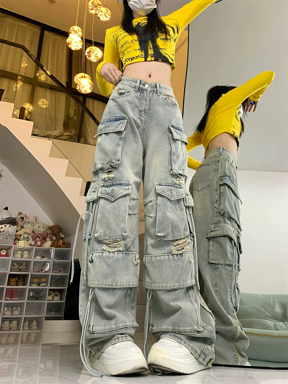 American retro heavy industry multi-pocket jeans women's high street vibe wind loose straight wide leg ripped overalls tide