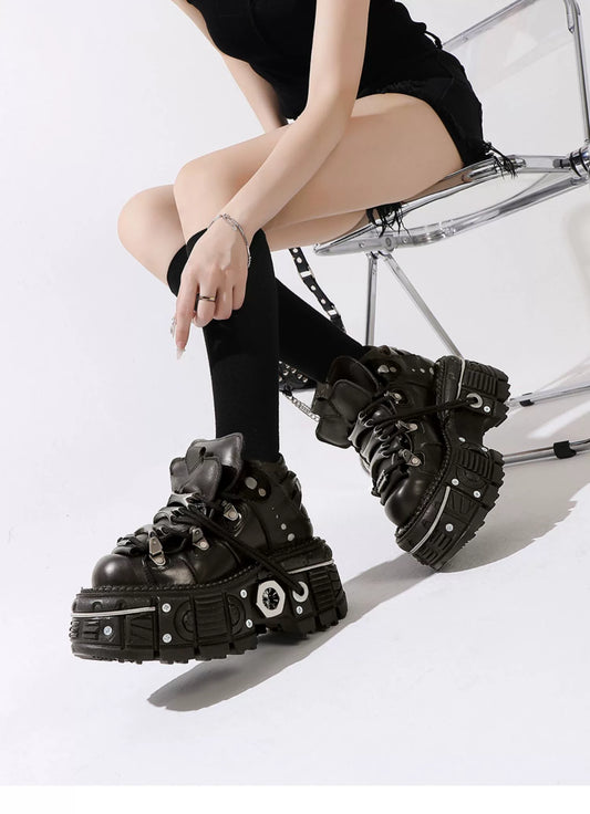 Vintage Spanish tank sole platform shoes rock metal heightening small leather shoes dark punk muffin couple single shoes