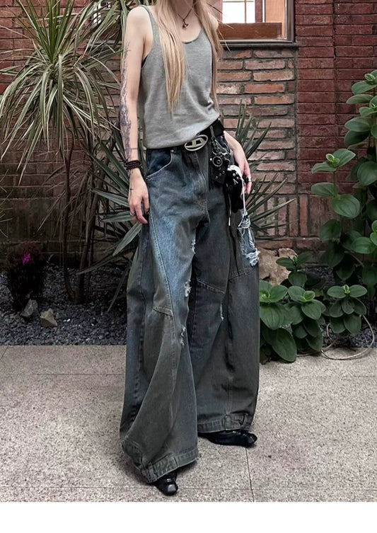 American high street style Spice Girl ripped jeans men and women spring and autumn wasteland style old dirty mopping pants