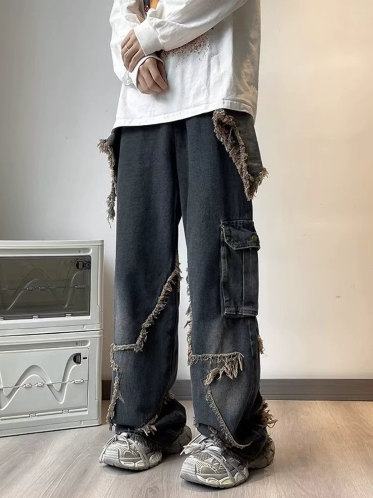 Pentagram design jeans men's American retro rough edge old washed high street pants tooling wide leg trousers