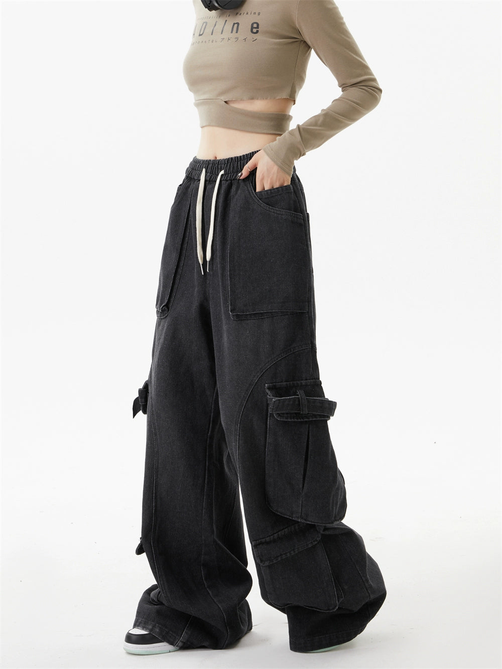 American three-dimensional multi-pocket washing jeans street retro loose wide-leg casual trousers