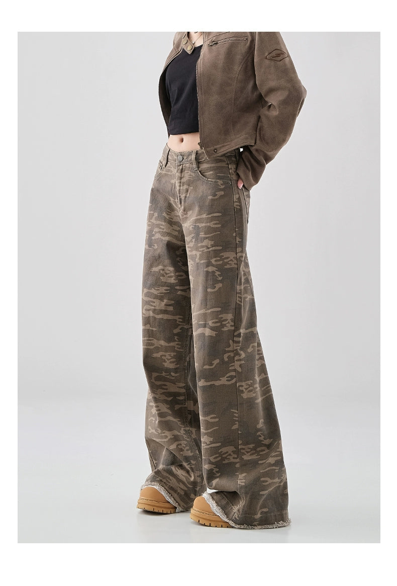 Camouflage high-waisted jeans women's 2024 autumn and winter new lace edge design sense niche loose wide-leg floor-mopping trousers