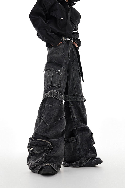 Niche heavy-duty washed deconstruction multi-pocket jeans three-dimensional strap design wide-leg overalls