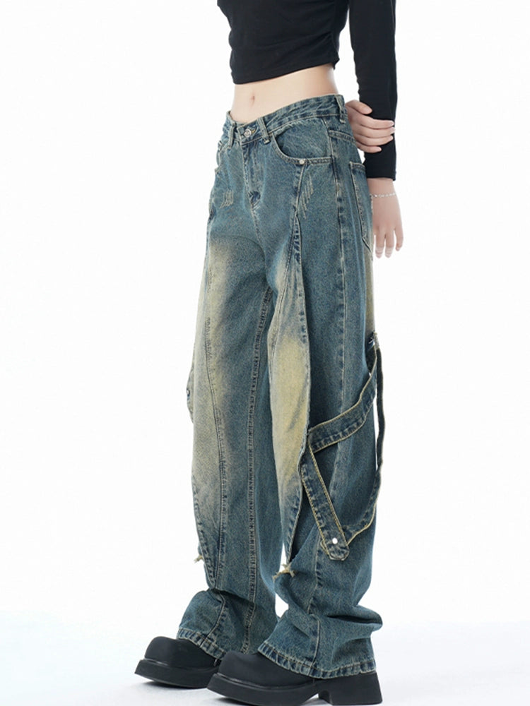 American old tooling jeans women's and men's summer new deconstruction splicing design loose straight pants