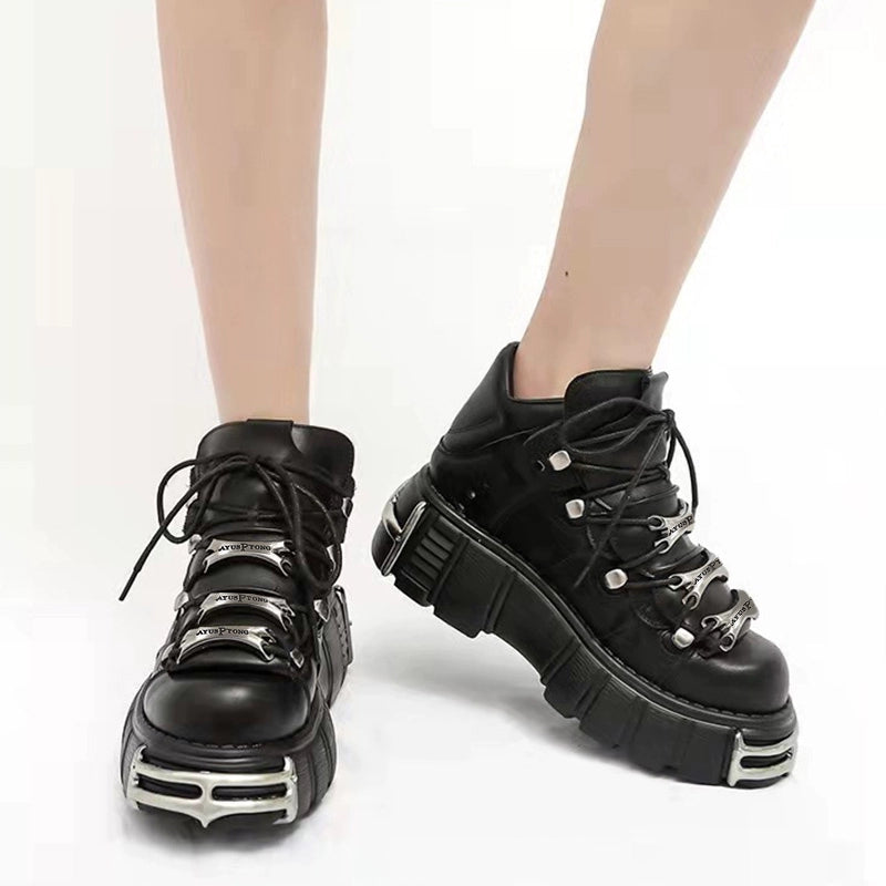 2024 spring and autumn new low-top metal muffin bottom dad shoes versatile height-increasing punk shoes thick-soled round head single shoes women