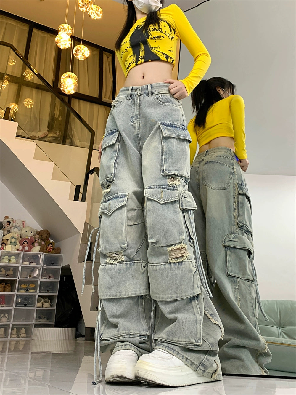 American retro heavy industry multi-pocket jeans women's high street vibe wind loose straight wide leg ripped overalls tide