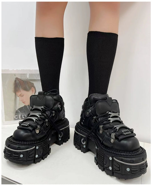 Retro tank sole metal high-top shoes Spanish platform single shoes dark punk style muffin sole street shot small leather shoes