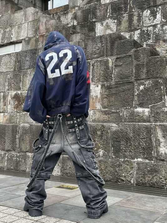 Washed old punk style metal wide legs with the same eight gods strap denim trousers