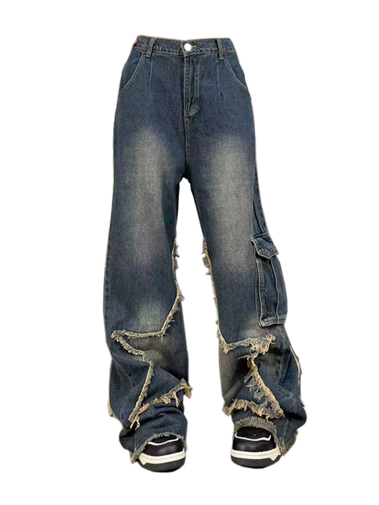 Hip Hop American Spice Girl Old Design Sense Rough Star Jeans Women's Summer Vintage Straight Wide Leg Pants
